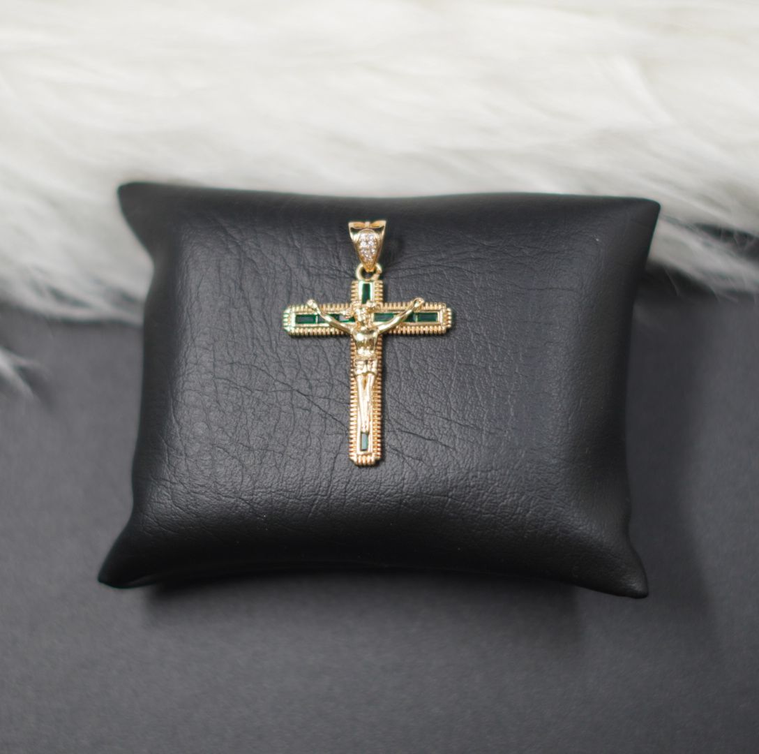 Miniatura 2 de DIJE CRUZ JESUS DORADO PIEDRAS VERDES